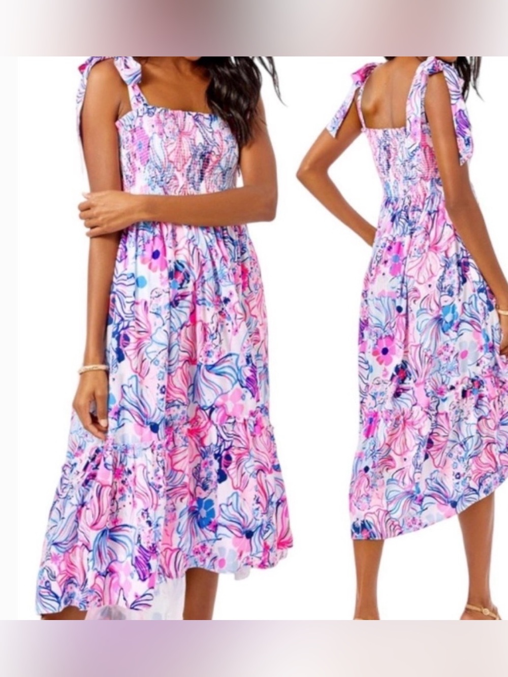 Lilly Pulitzer Pink Floral Tie-Shoulder Summer Vacation Party Midi Dress XS